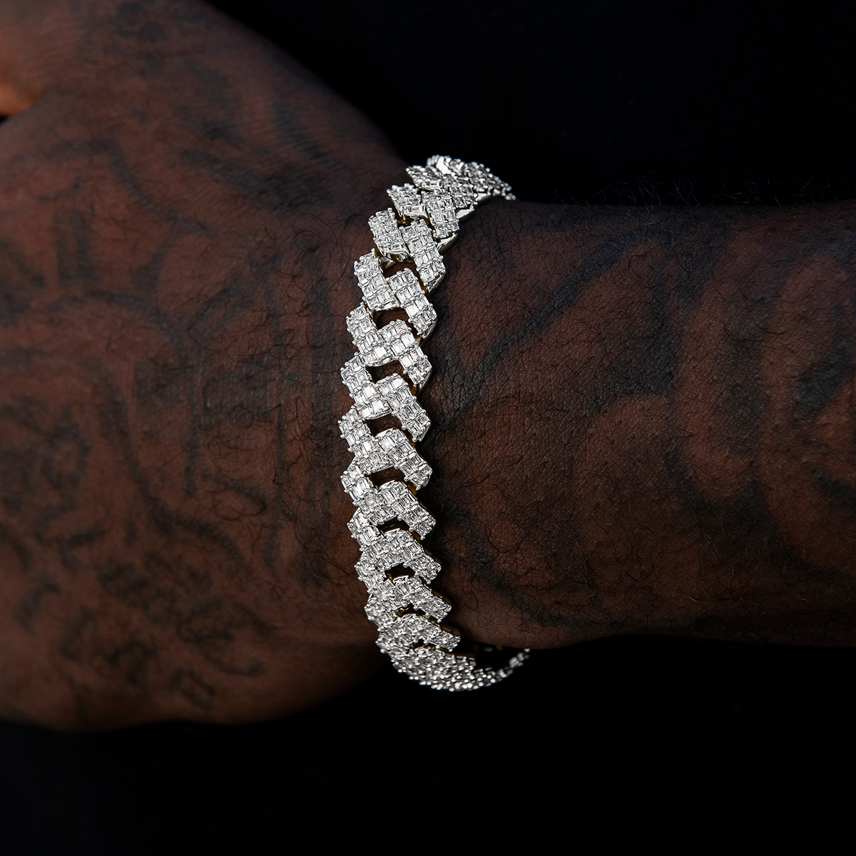 12MM Prong Baguette Cuban Bracelet - White Gold