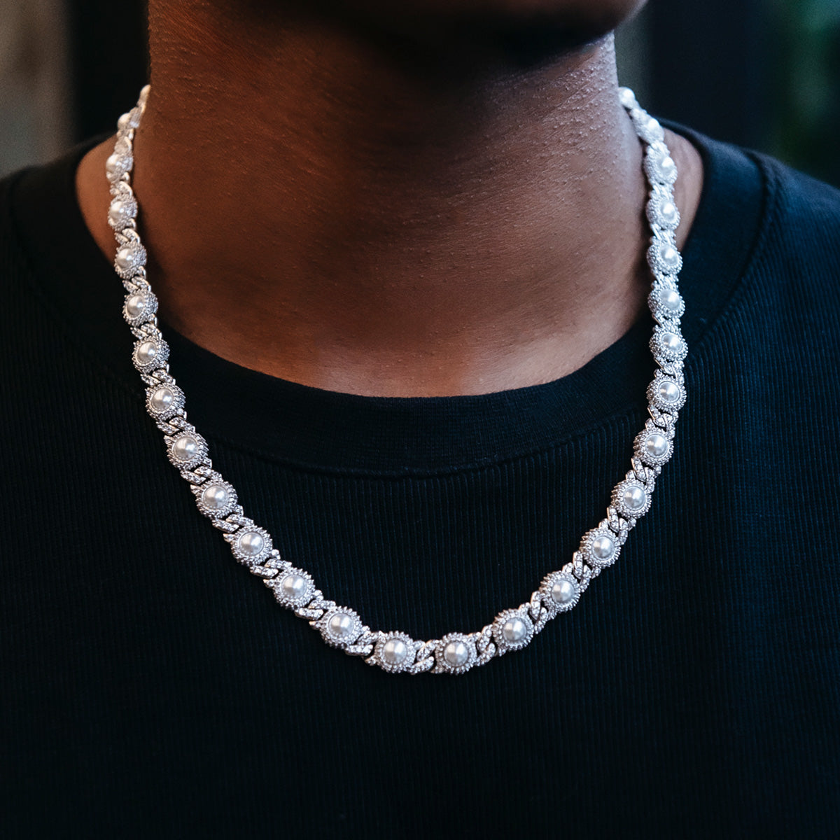 10mm Iced Halo Cuban Chain with Pearls in White Gold