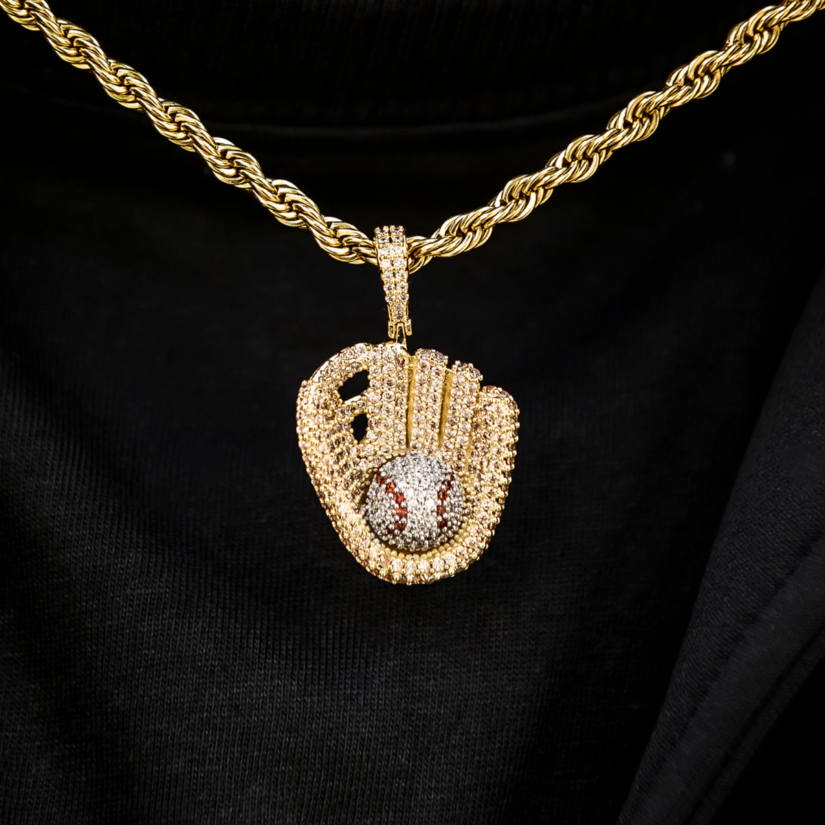 Iced Baseball Pendant in Yellow Gold