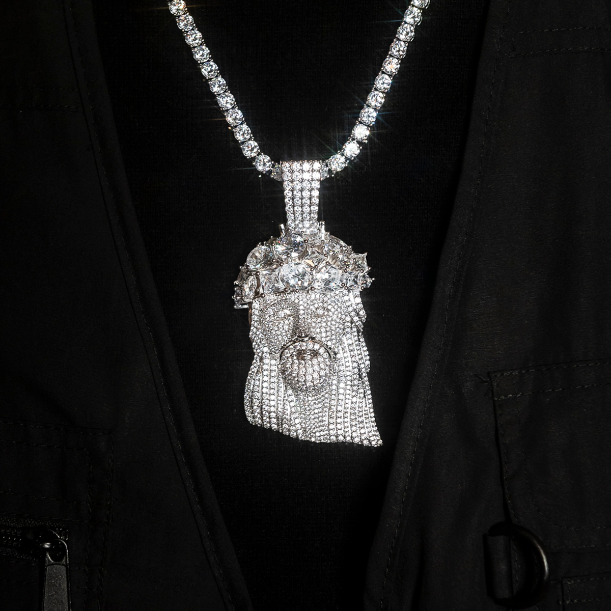 Large Diamond Portrait of Jesus Pendant in White Gold