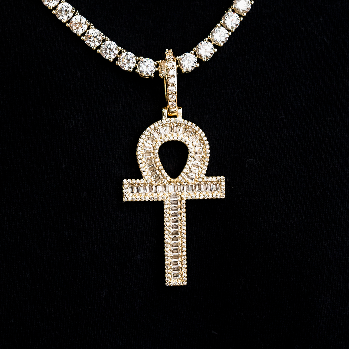 Diamond Baguette Ankh Cross Pendant in Yellow Gold