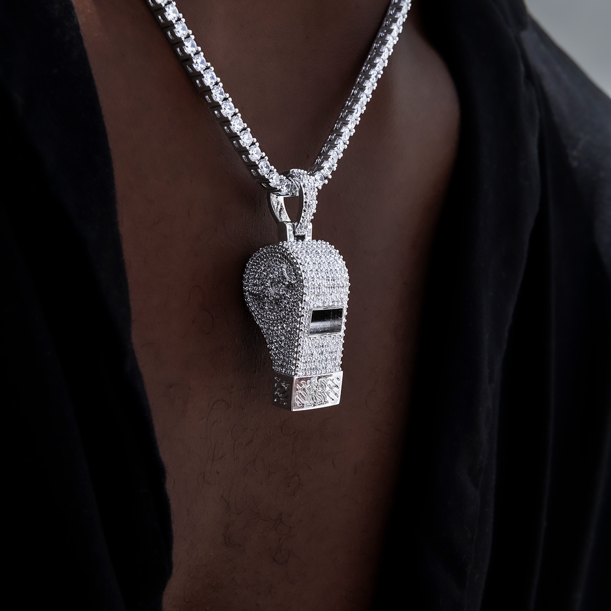 Iced Functioning Coaches Whistle Pendant in White Gold
