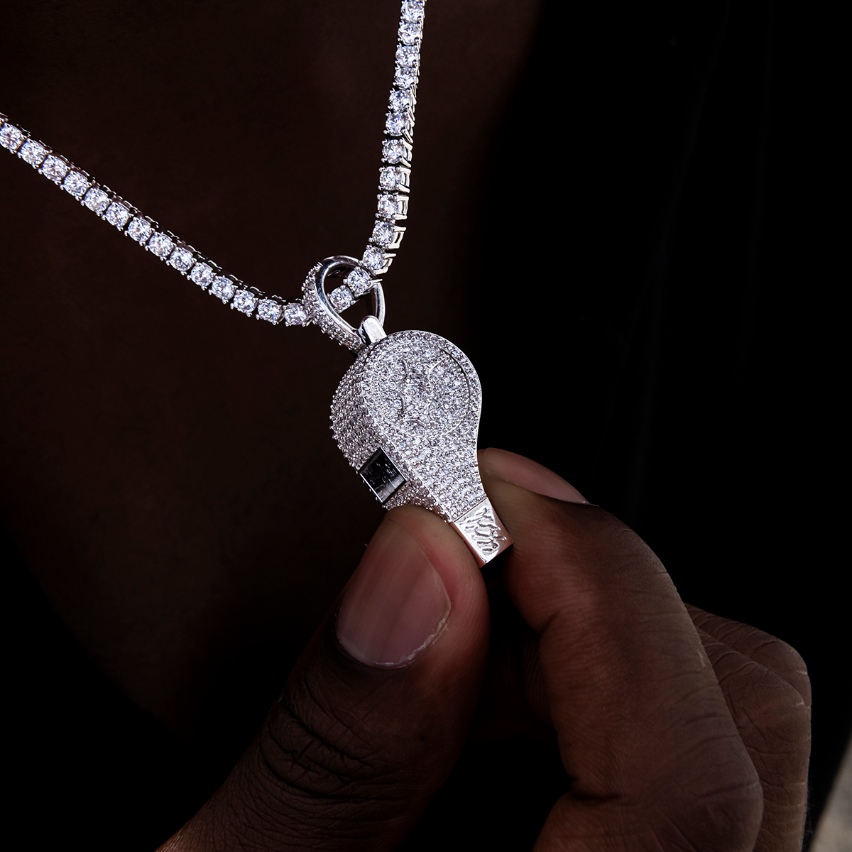Iced Functioning Coaches Whistle Pendant in White Gold