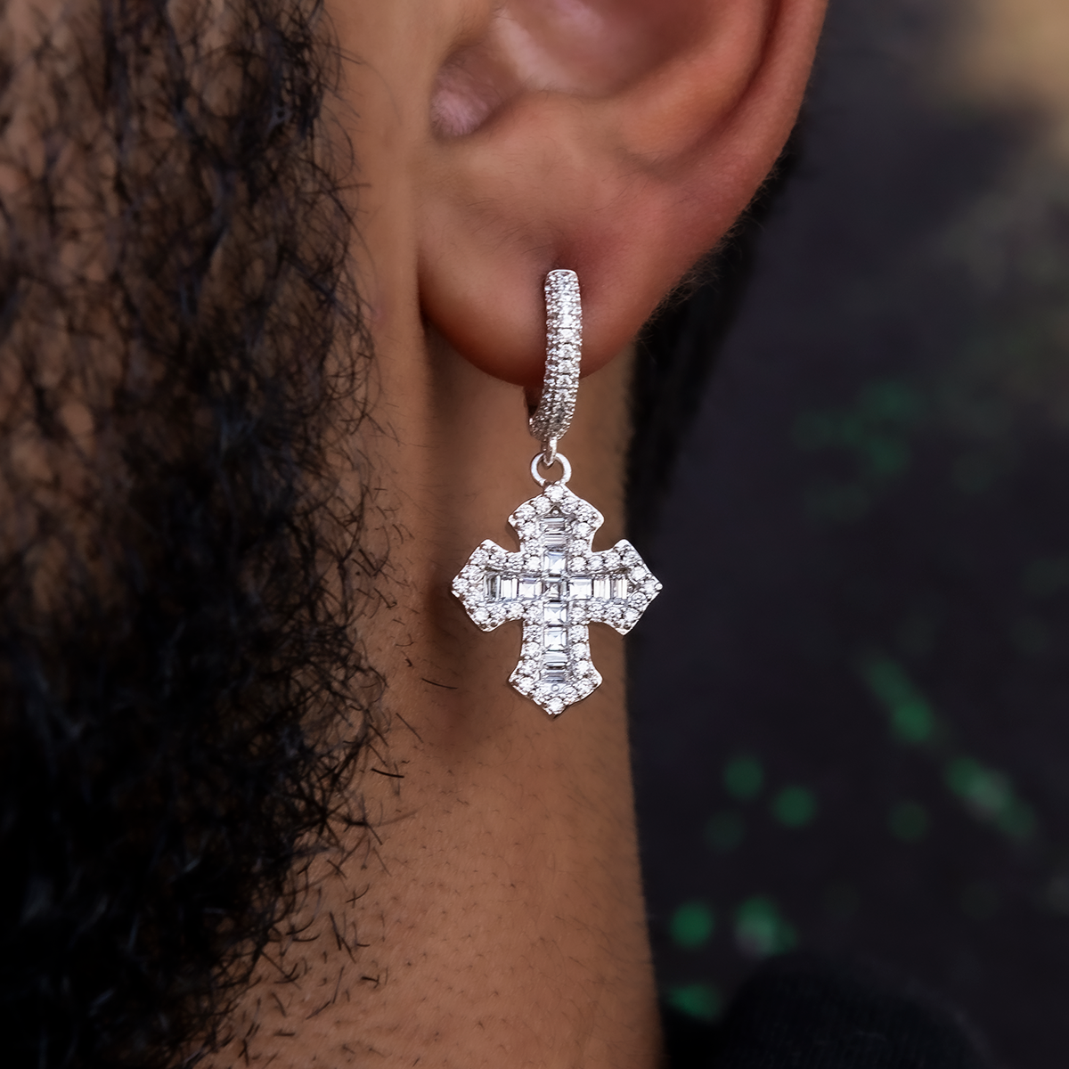 Baguette Gothic Cross Hoop Earrings