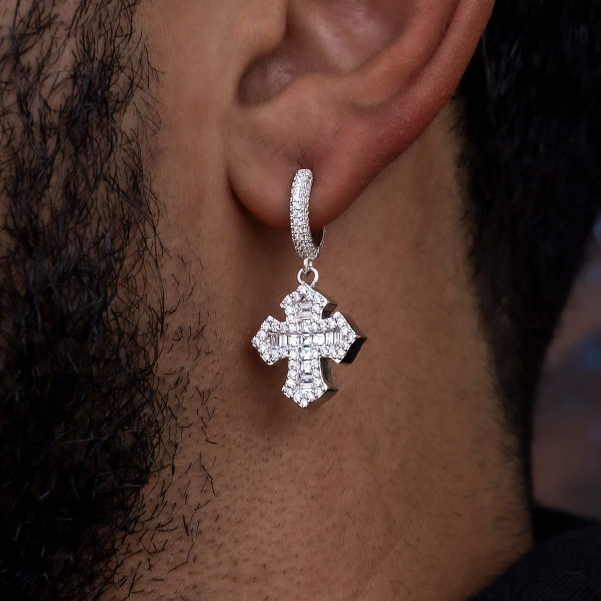 Baguette Gothic Cross Hoop Earrings