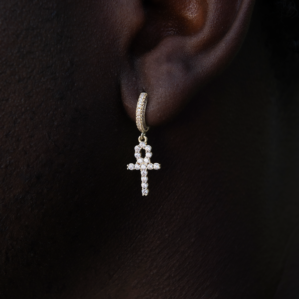 Iced Ankh Cross Hoop Earrings in Yellow Gold