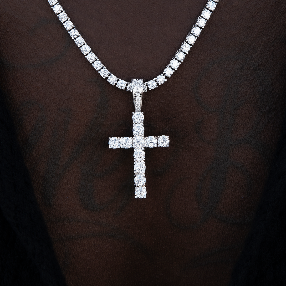 Men's Moissanite Diamond Cross Pendant in White Gold Vermeil