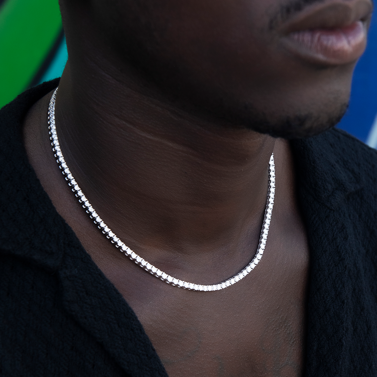 Men's Moissanite Diamond Tennis Chain in White Gold Vermeil- 3mm