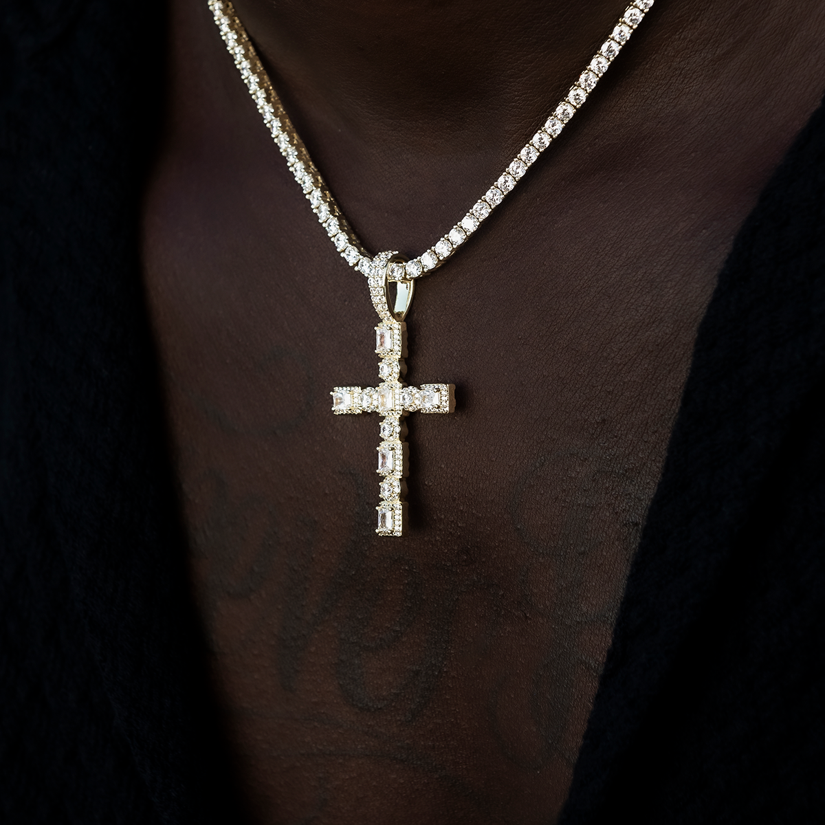 Diamond Pave Cushion Circle Cross Pendant in Yellow Gold