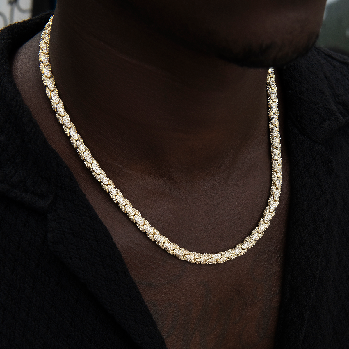 Diamond Pave Snake Link Chain in Yellow Gold-6mm