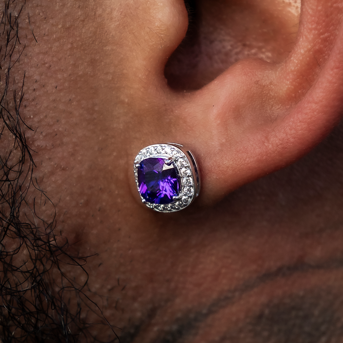 Purple Cushion Cut Earrings in White Gold