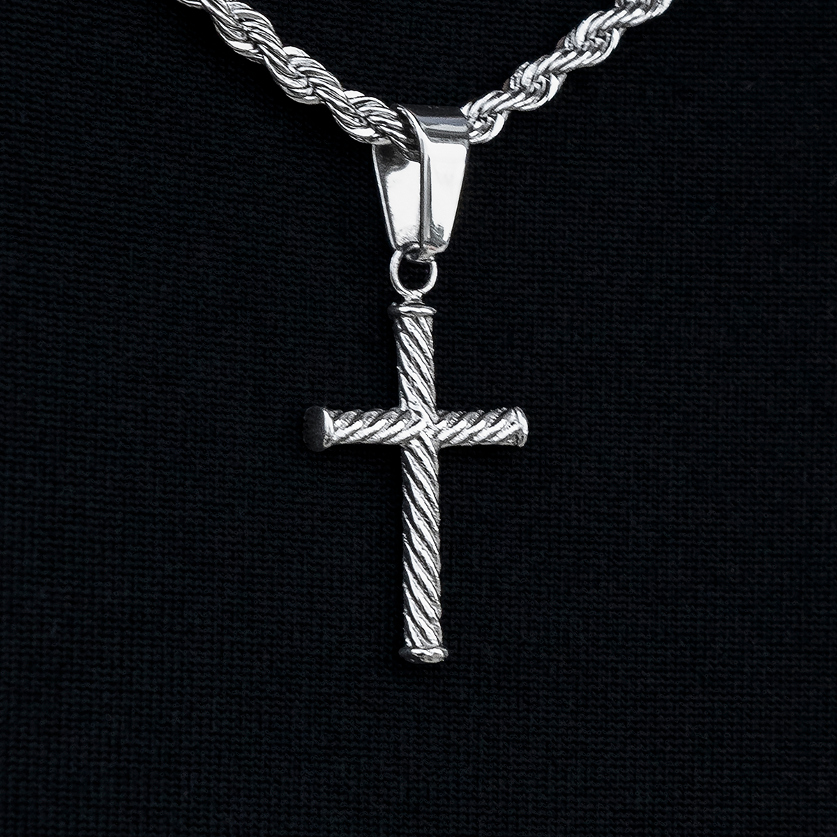 Micro Twisted Rope Cross Pendant in White Gold
