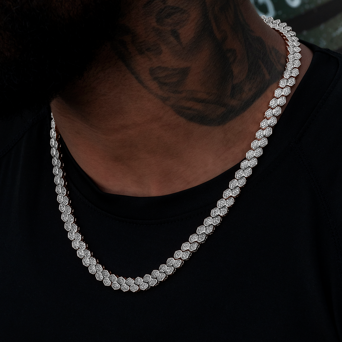 Diamond Pave Flat Snake Link Chain in White Gold-4mm