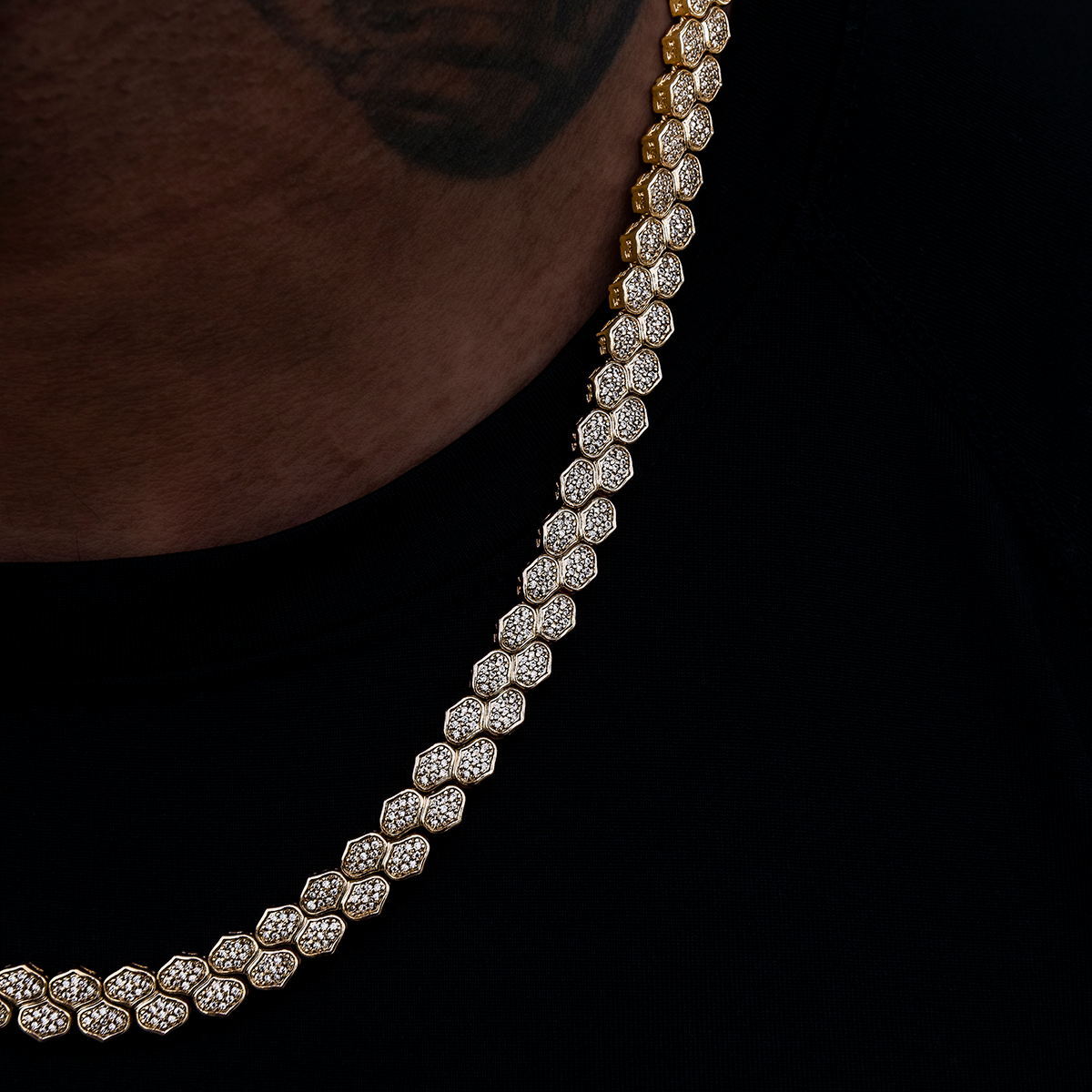 Diamond Pave Flat Snake Link Chain in Yellow Gold-4mm