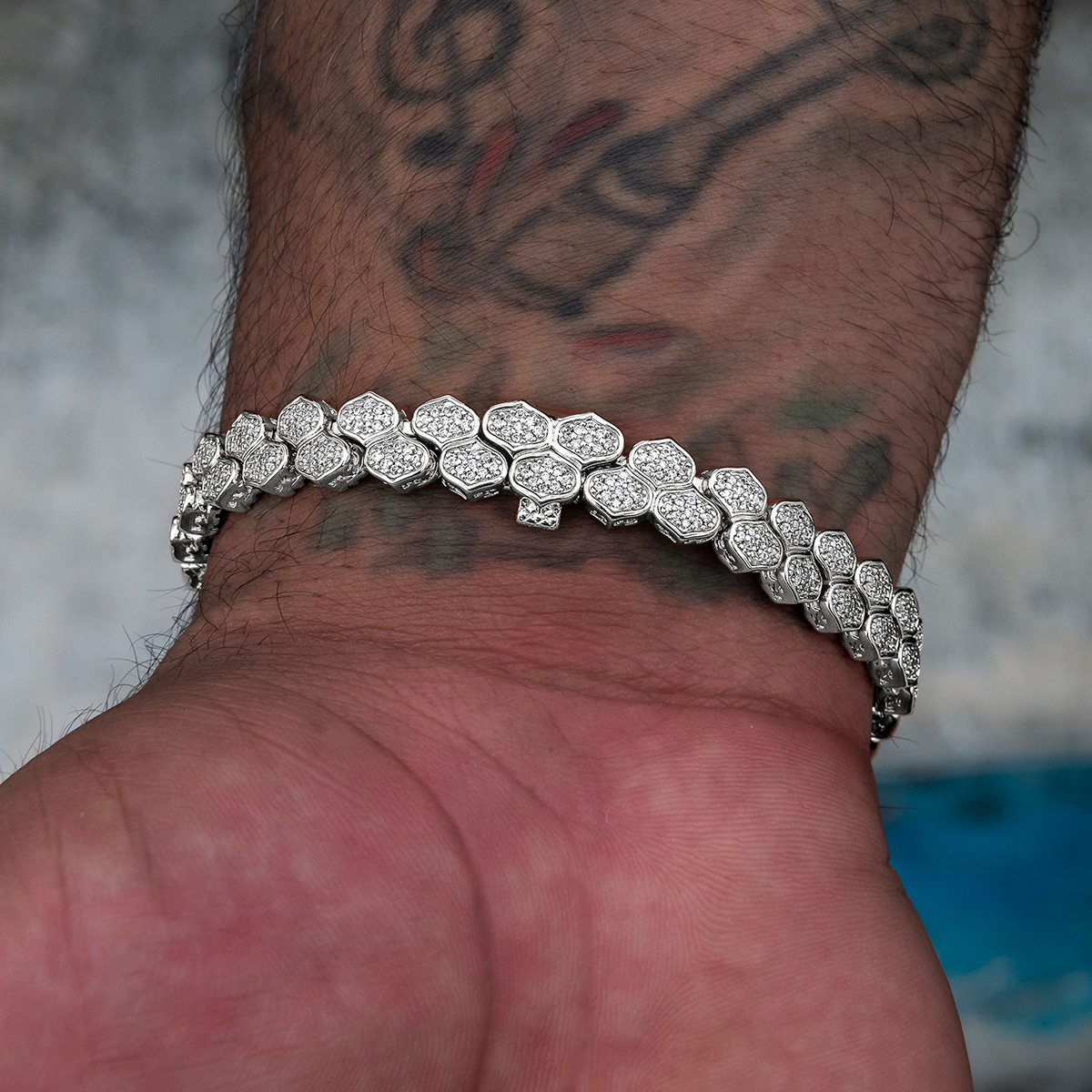 Diamond Pave Flat Snake Link Bracelet in White Gold -4mm