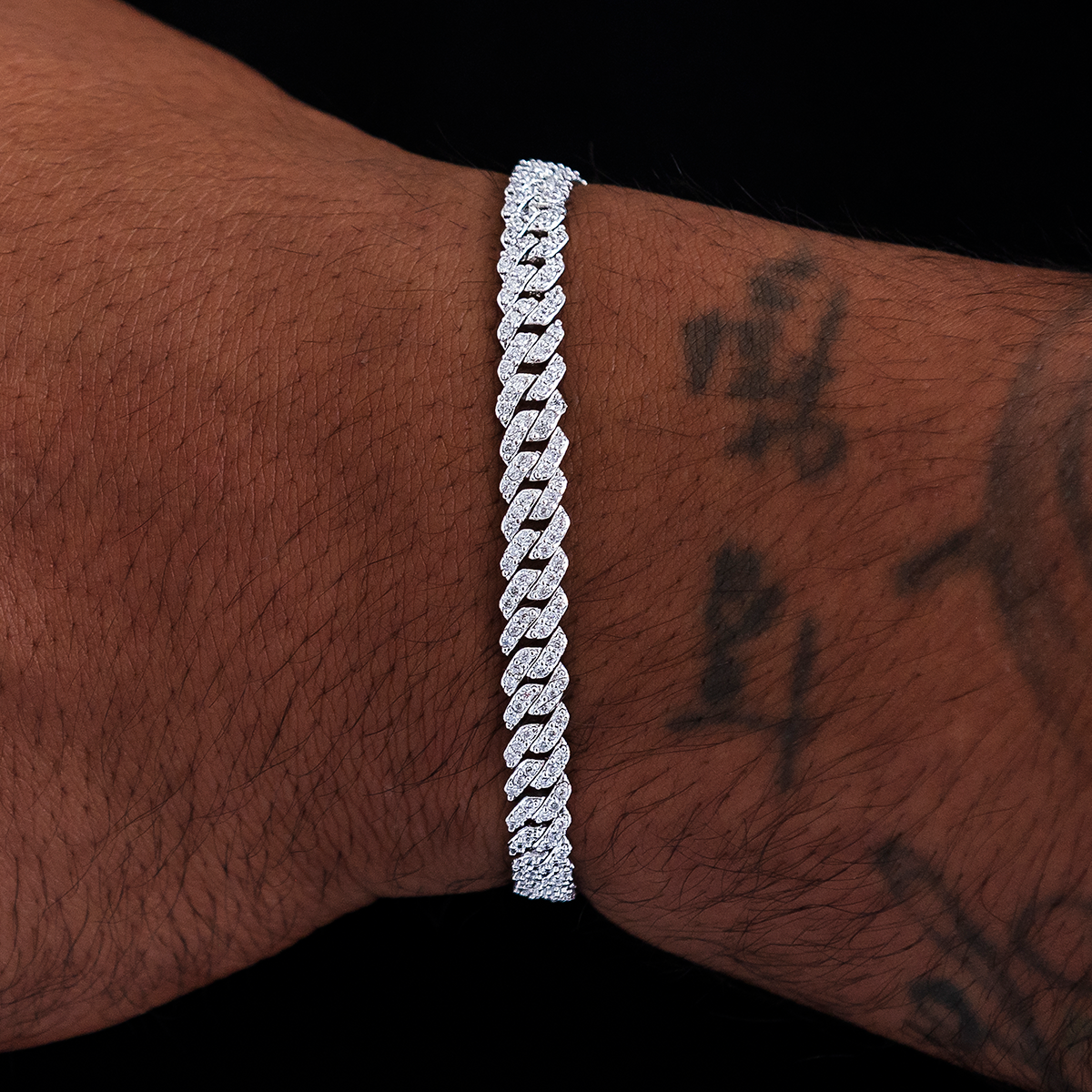 Micro Diamond Prong Cuban Bracelet in White Gold - 6mm