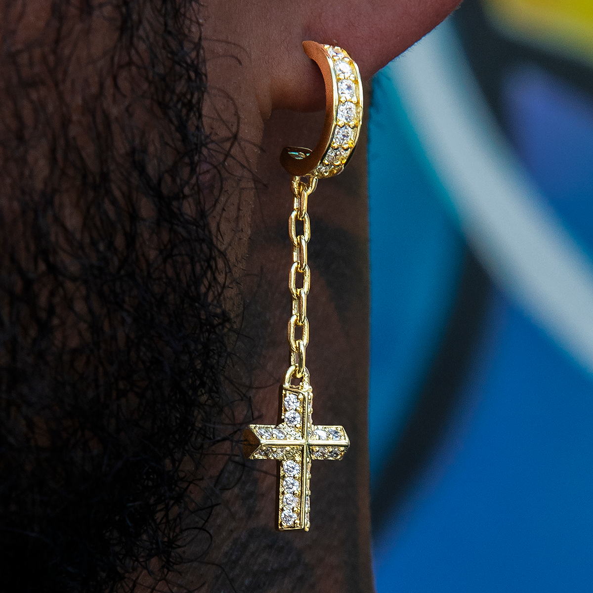 Iced Hoop Cross Drop Earrings - Gold