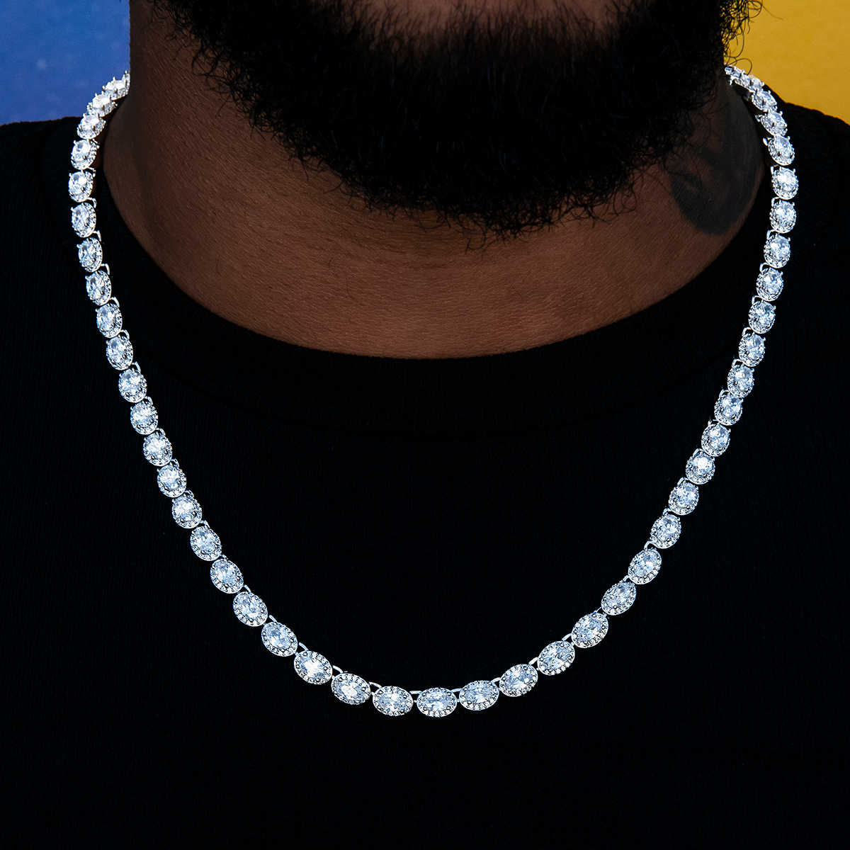 Diamond Oval Clustered Tennis Chain in White Gold- 4mm