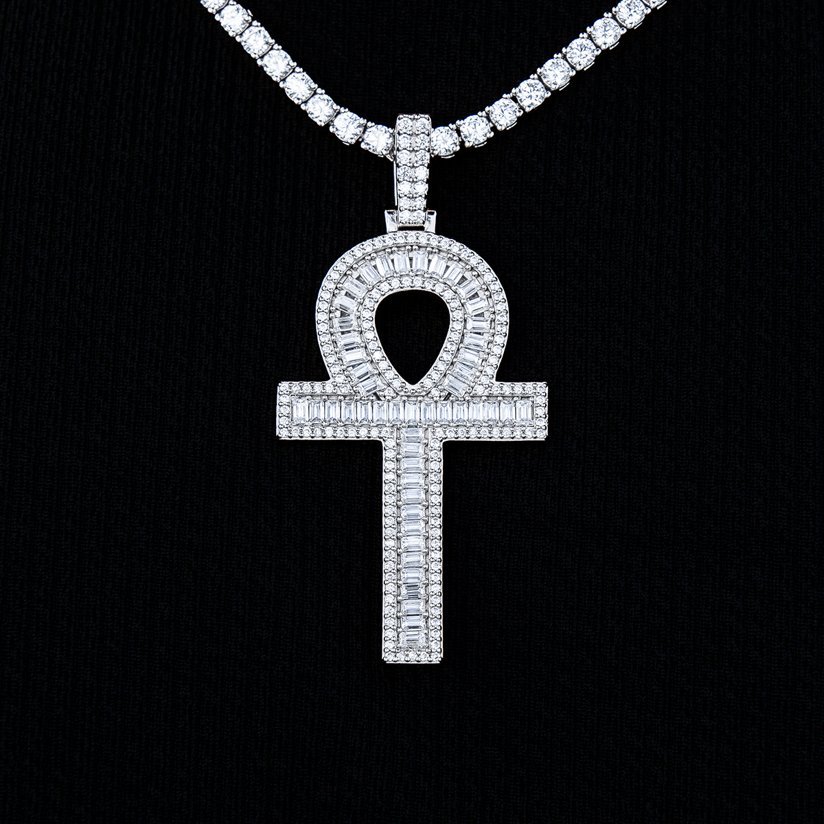 Men's Moissanite Ankh Cross Pendant in White Gold Vermeil