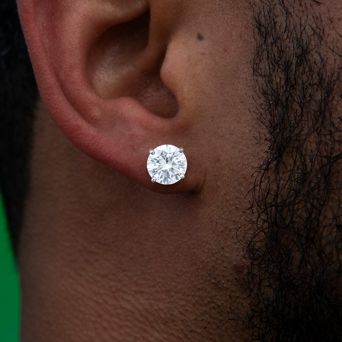 Men's 8MM Round Cut Moissanite Diamond Stud Earrings in White Gold Vermeil