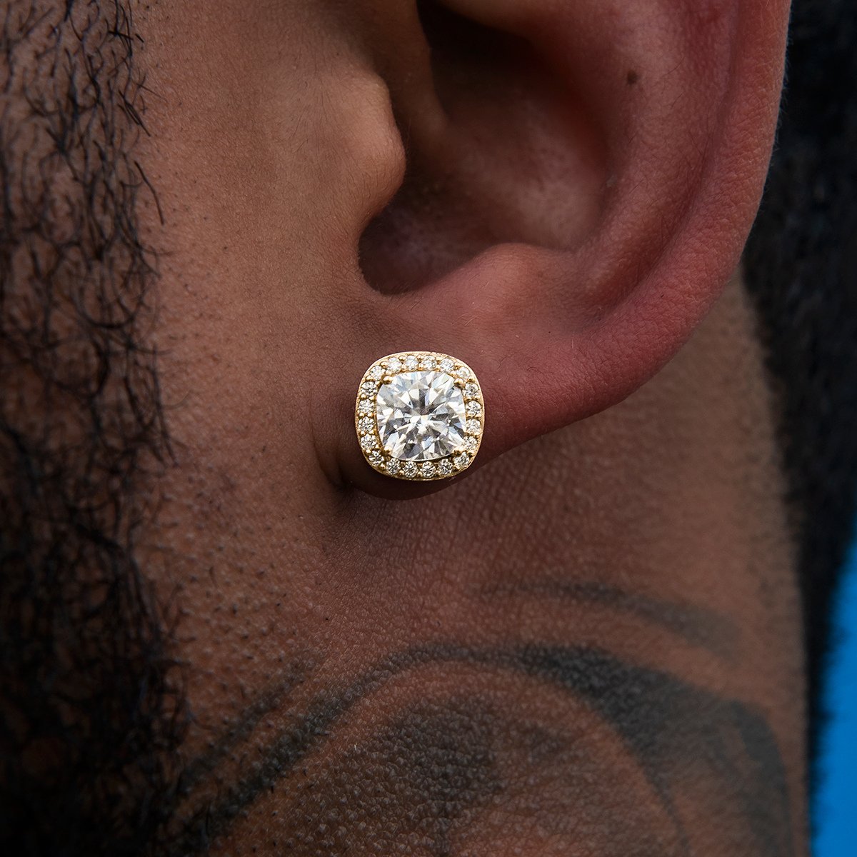 Men's Cushion Cut Moissanite Earrings in Yellow Gold Vermeil