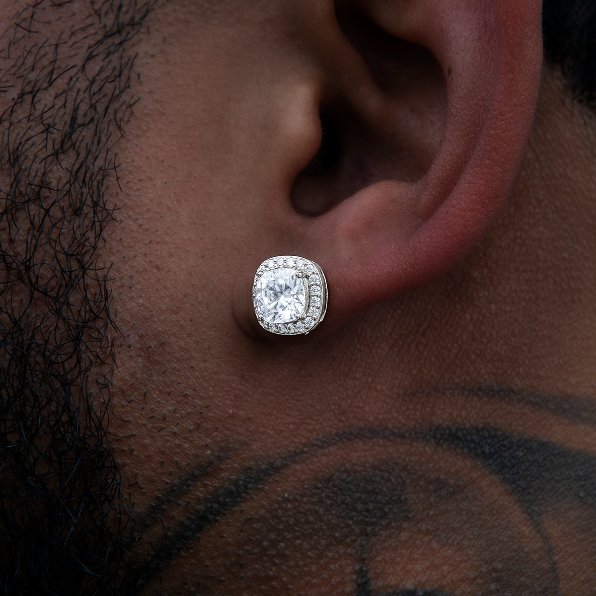 Men's Cushion Cut Moissanite Earrings in White Gold Vermeil