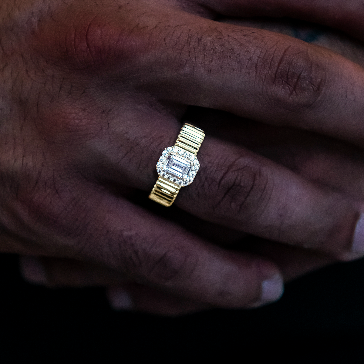 Emerald Cut Diamond Textured Ring in Yellow Gold Vermeil