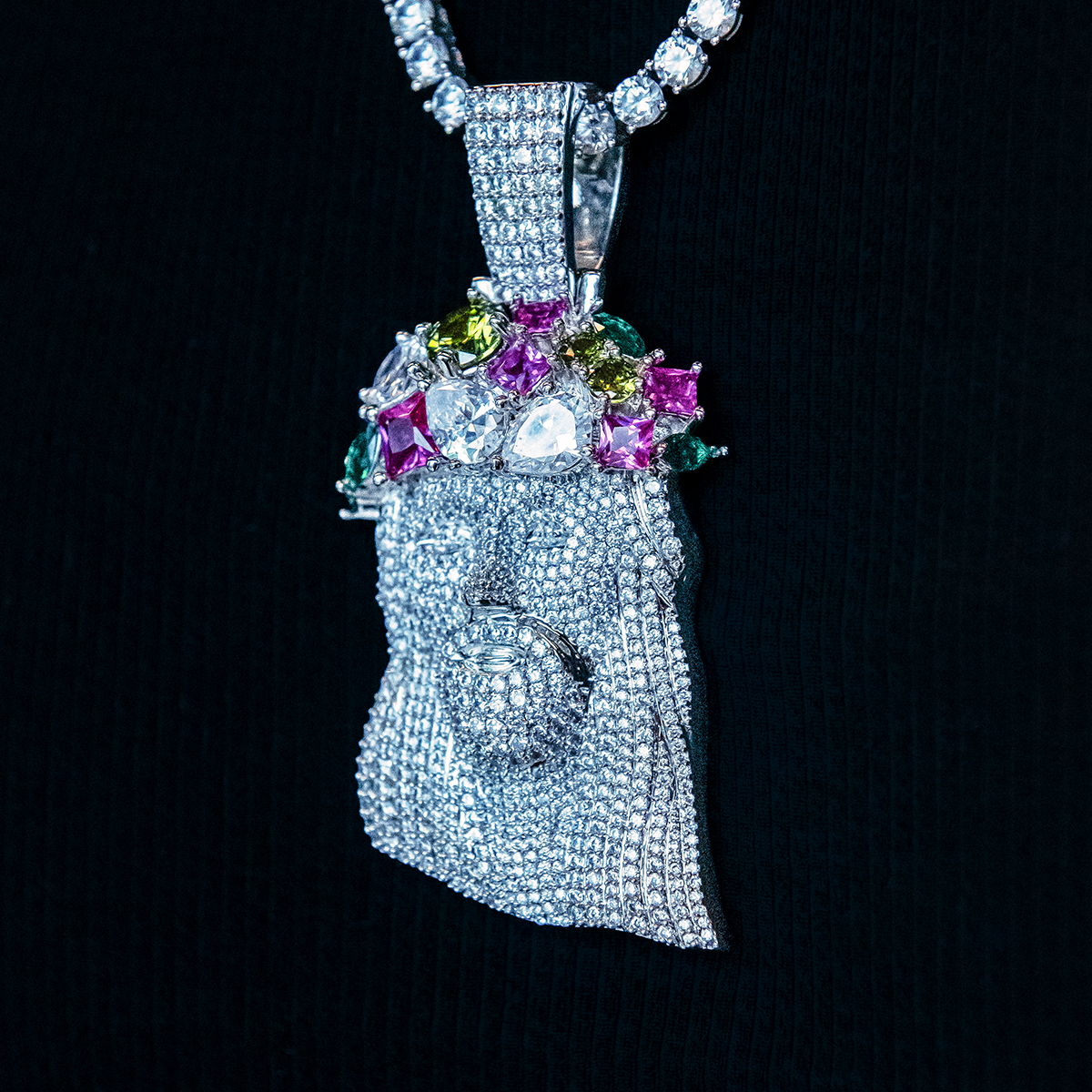 Large Diamond Portrait of Jesus Multicolor Stones Pendant - White Gold