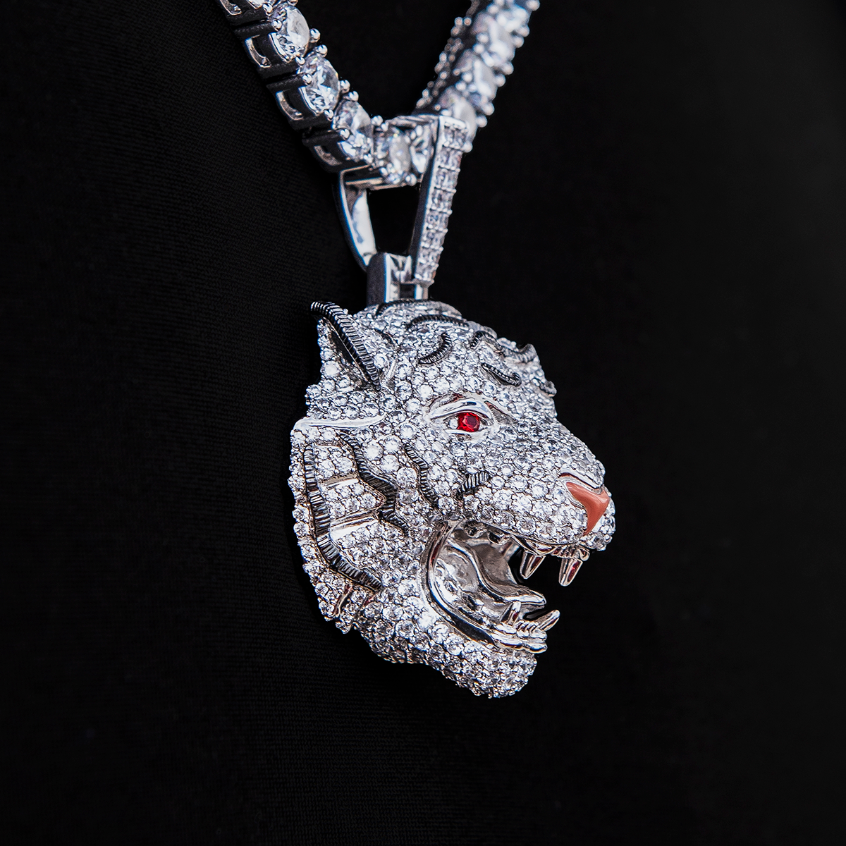 Iced Tiger Pendant in White Gold
