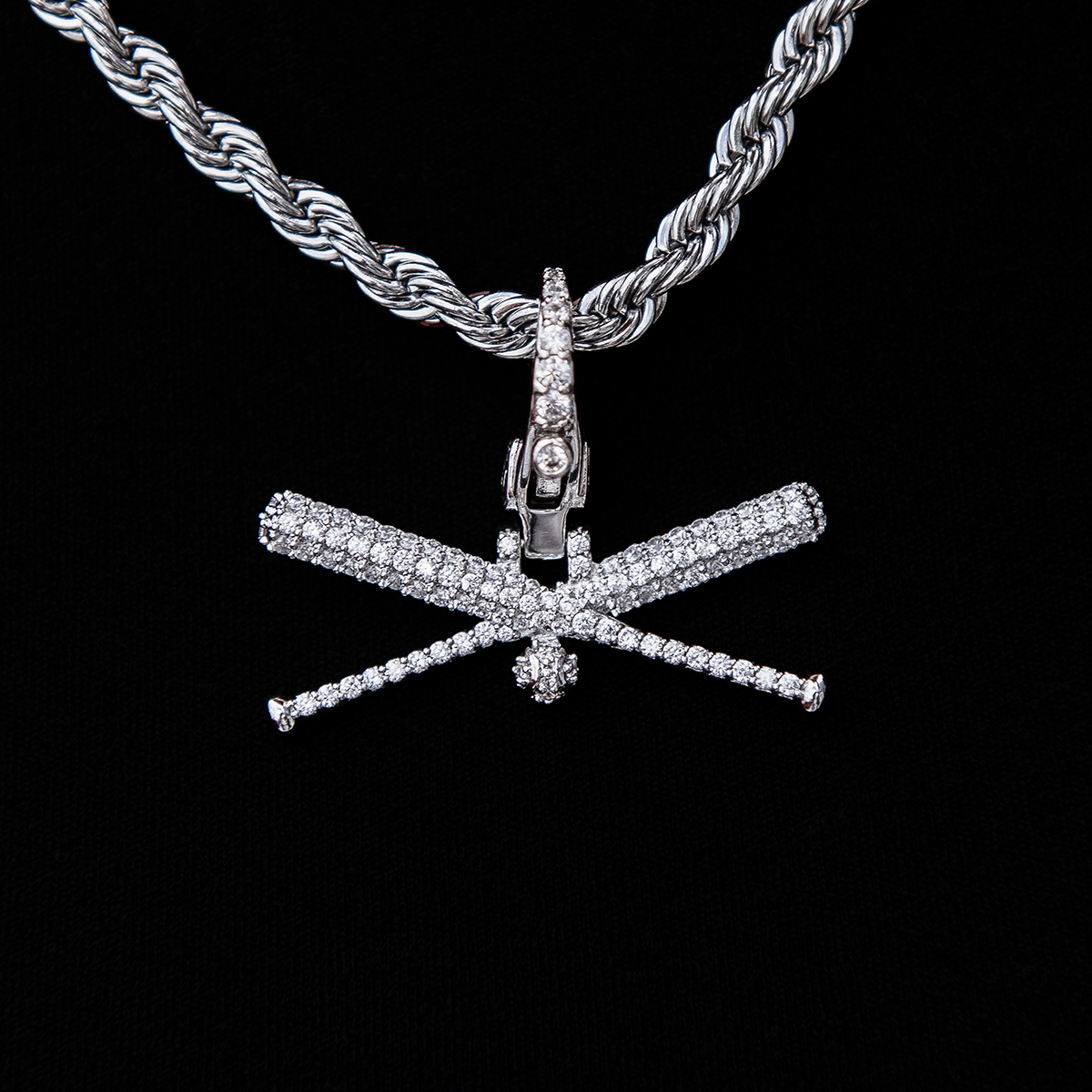 Iced Baseball Bat Clip On Pendant - White Gold