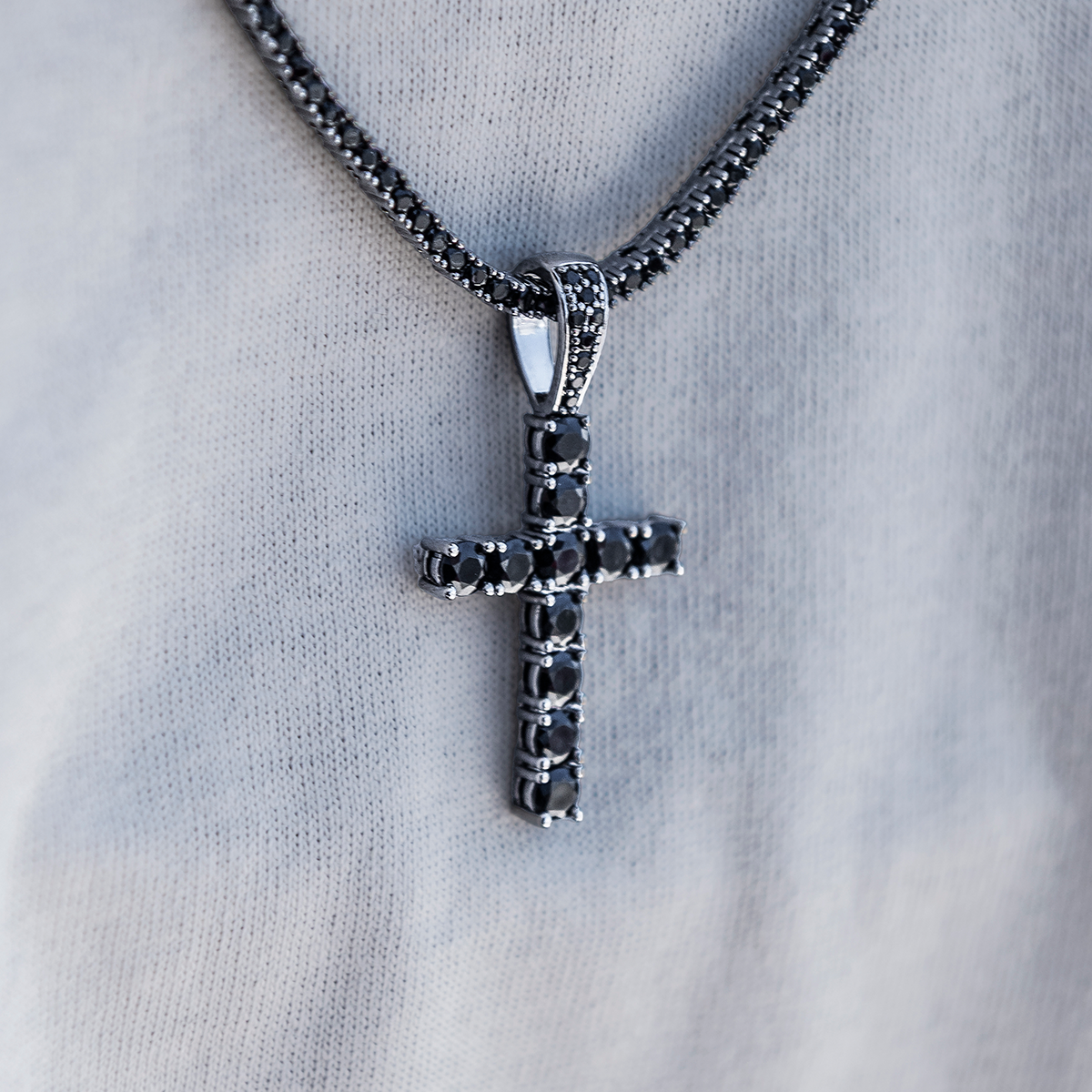Black Stone Diamond Cross Pendant in White Gold
