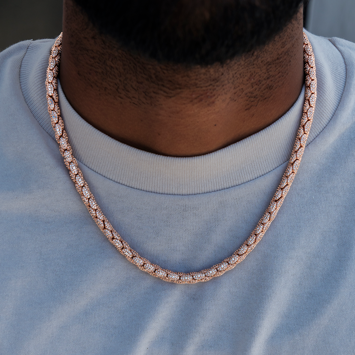 Diamond Pave Snake Link Chain in Rose Gold- 6mm