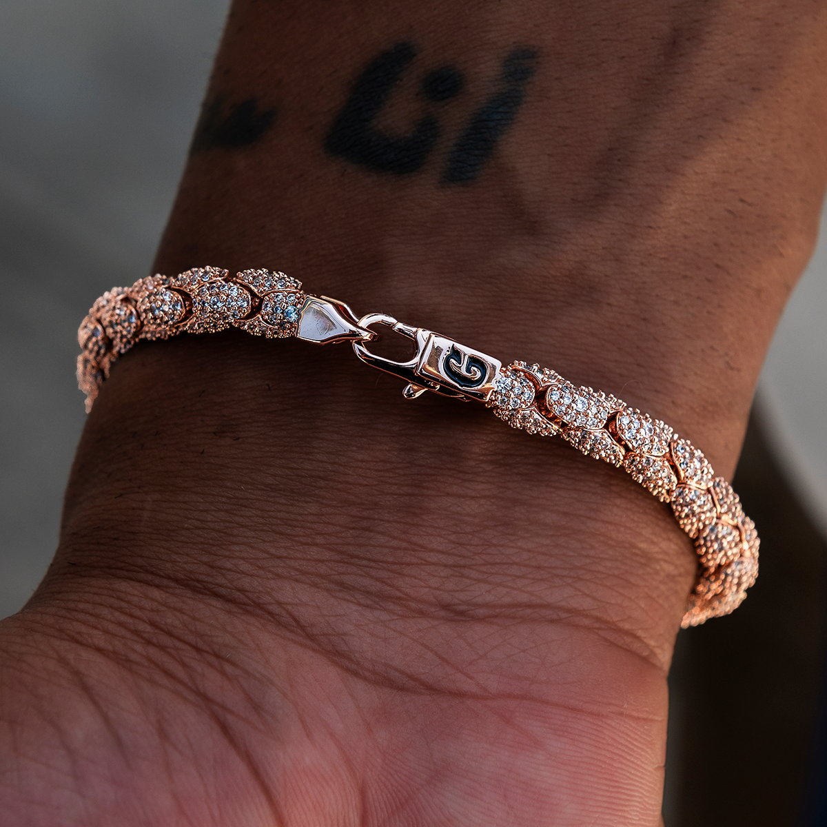 Diamond Pave Snake Link Bracelet in Rose Gold- 6mm