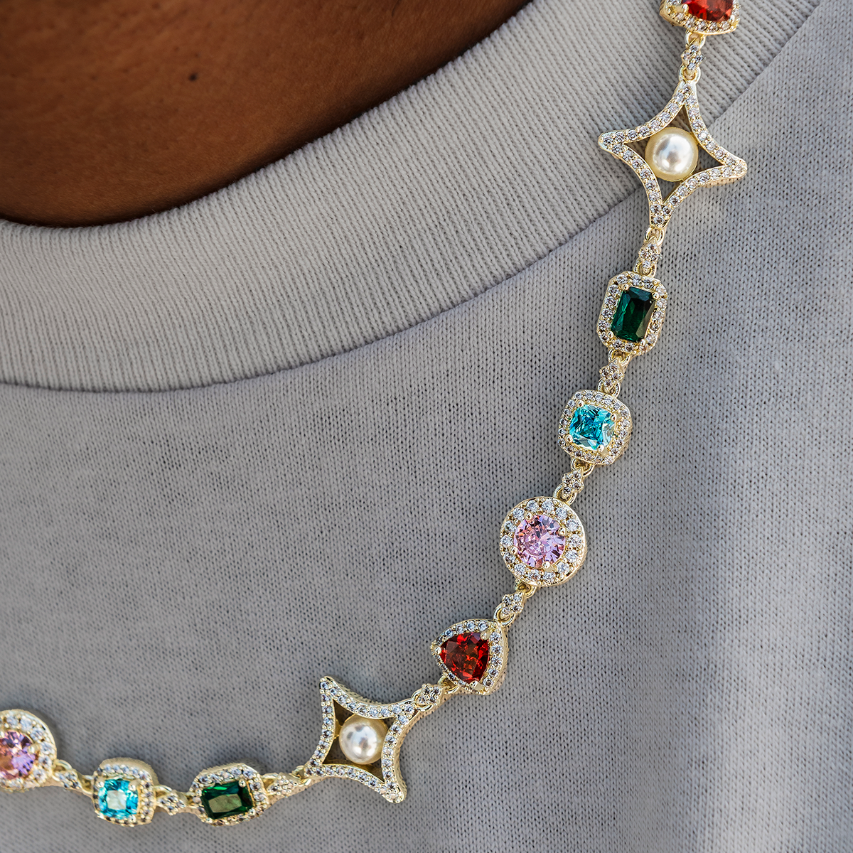 Colored Gemstone Pearl Chain in Yellow Gold
