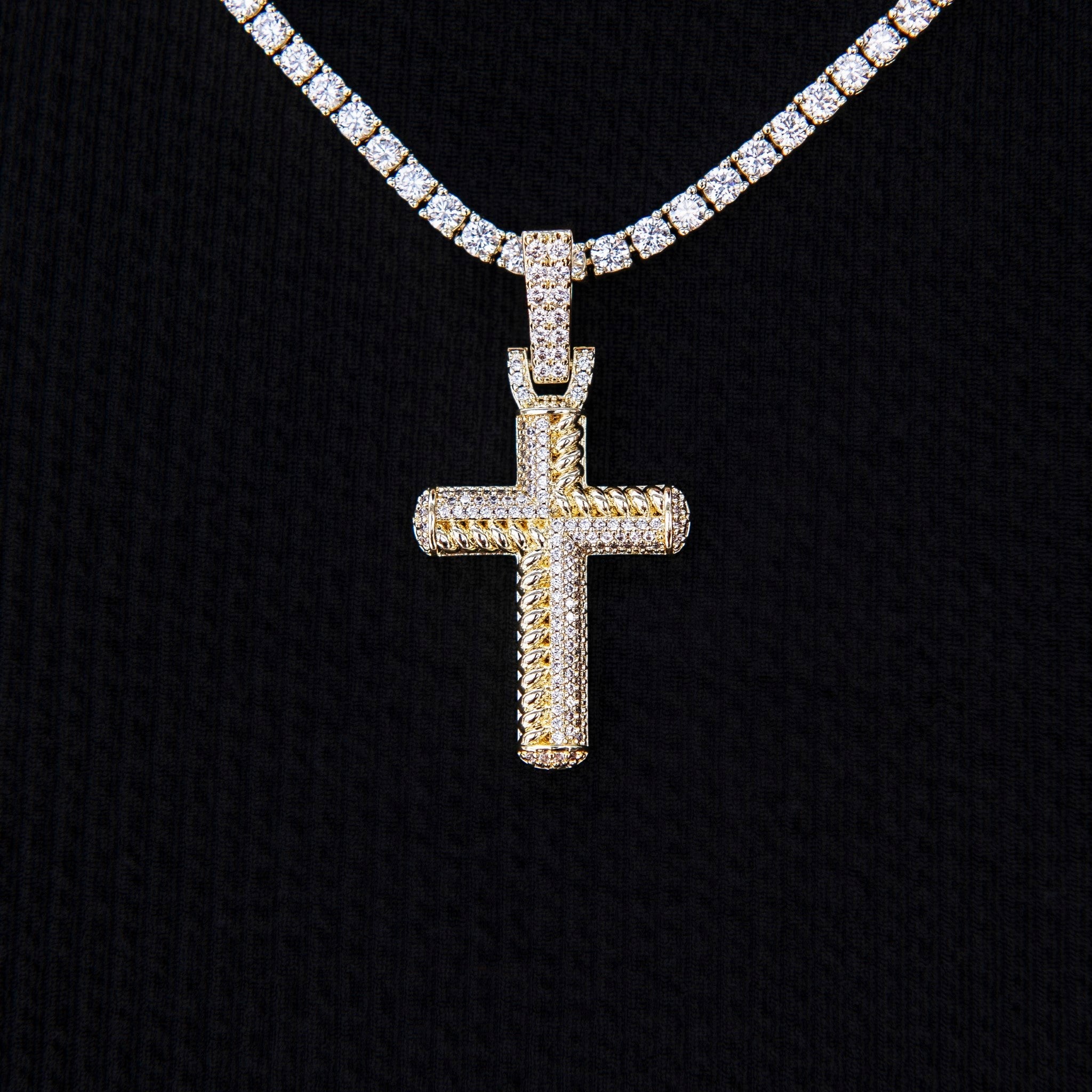 Iced Rope Mix Cross Pendant in Yellow Gold