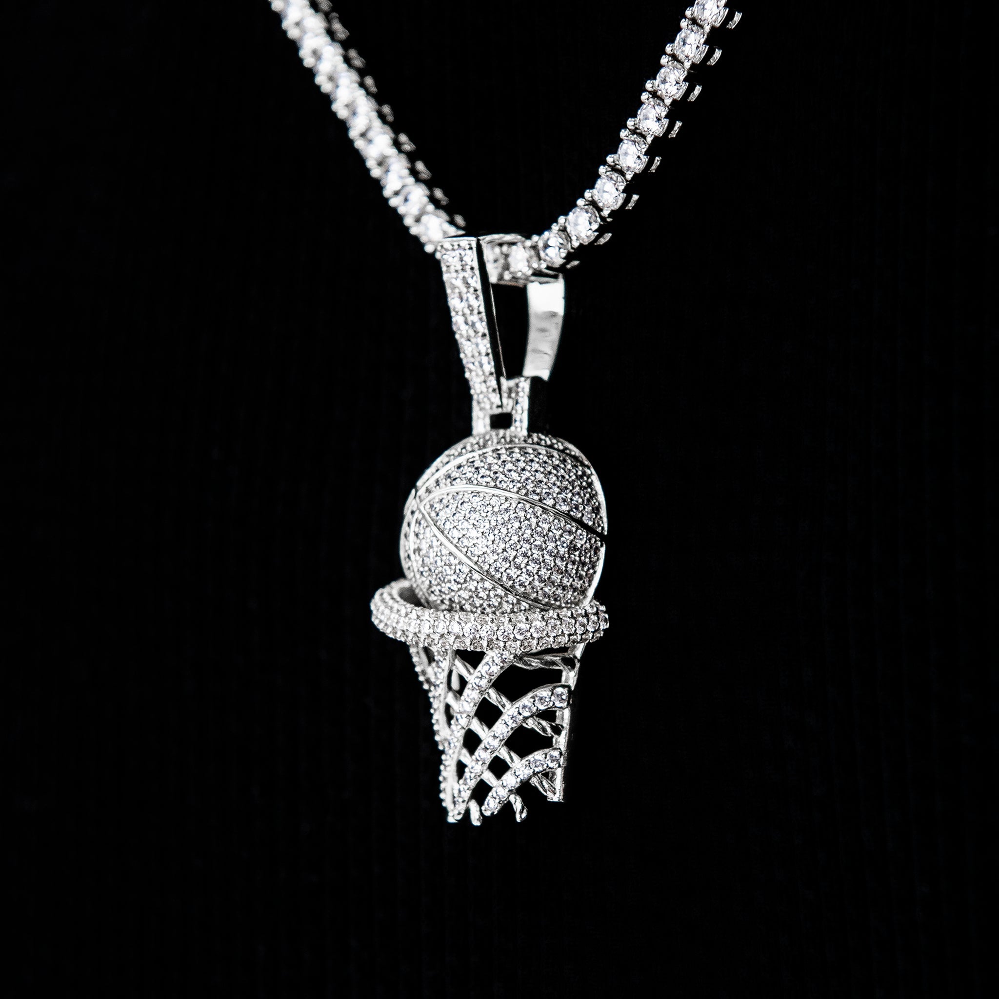Iced Basketball Hoop Pendant in White Gold