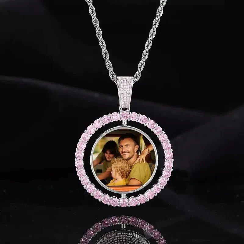 3D Double-Sided Custom Photo Round Pendant White Gold Pink Diamonds - 45mm