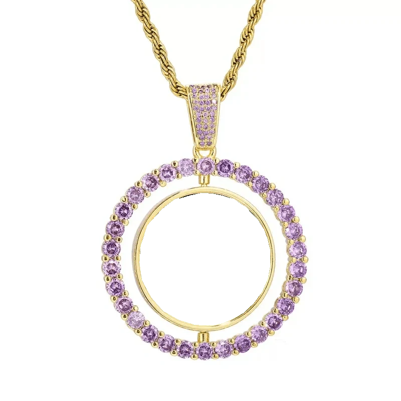 3D Double-Sided Custom Photo Round Pendant White Gold Pink Diamonds - 45mm