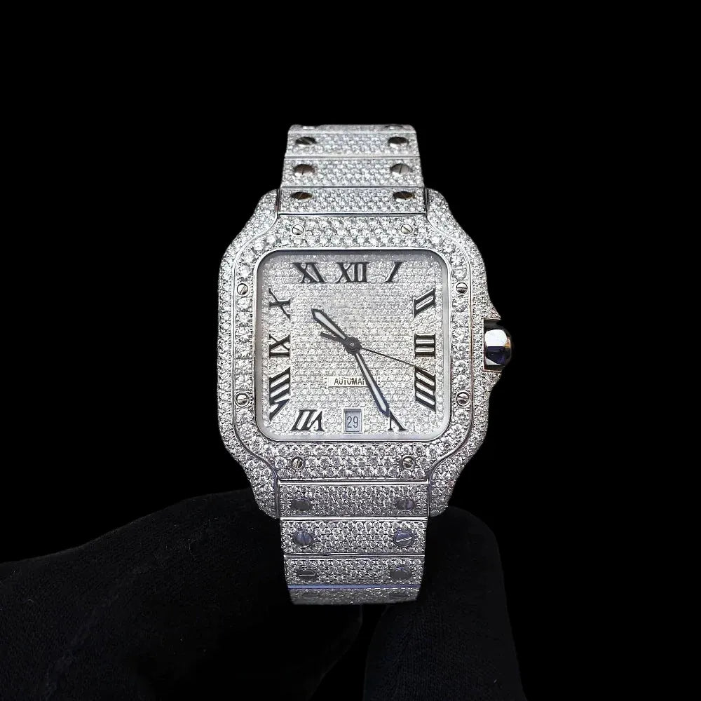 40MM Fully Iced Out Square Watch In White Gold