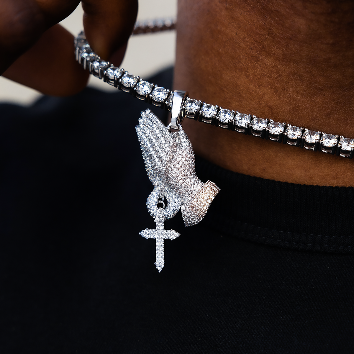 Iced Praying Hands with Cross Pendant in White Gold