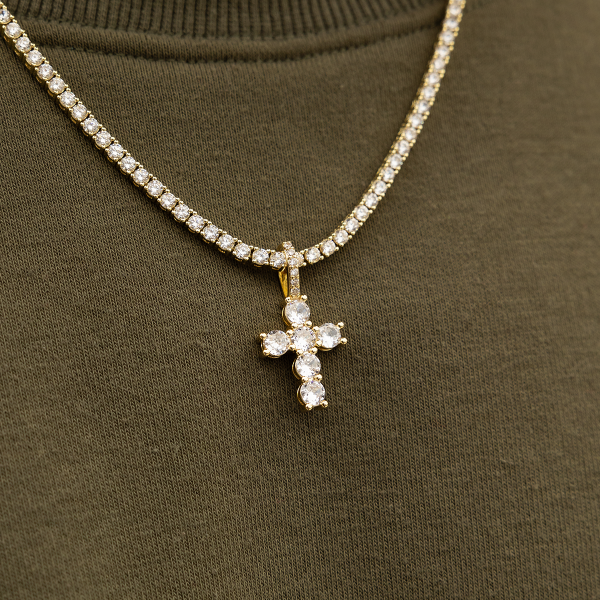 Iced Micro Round Cross in Yellow Gold