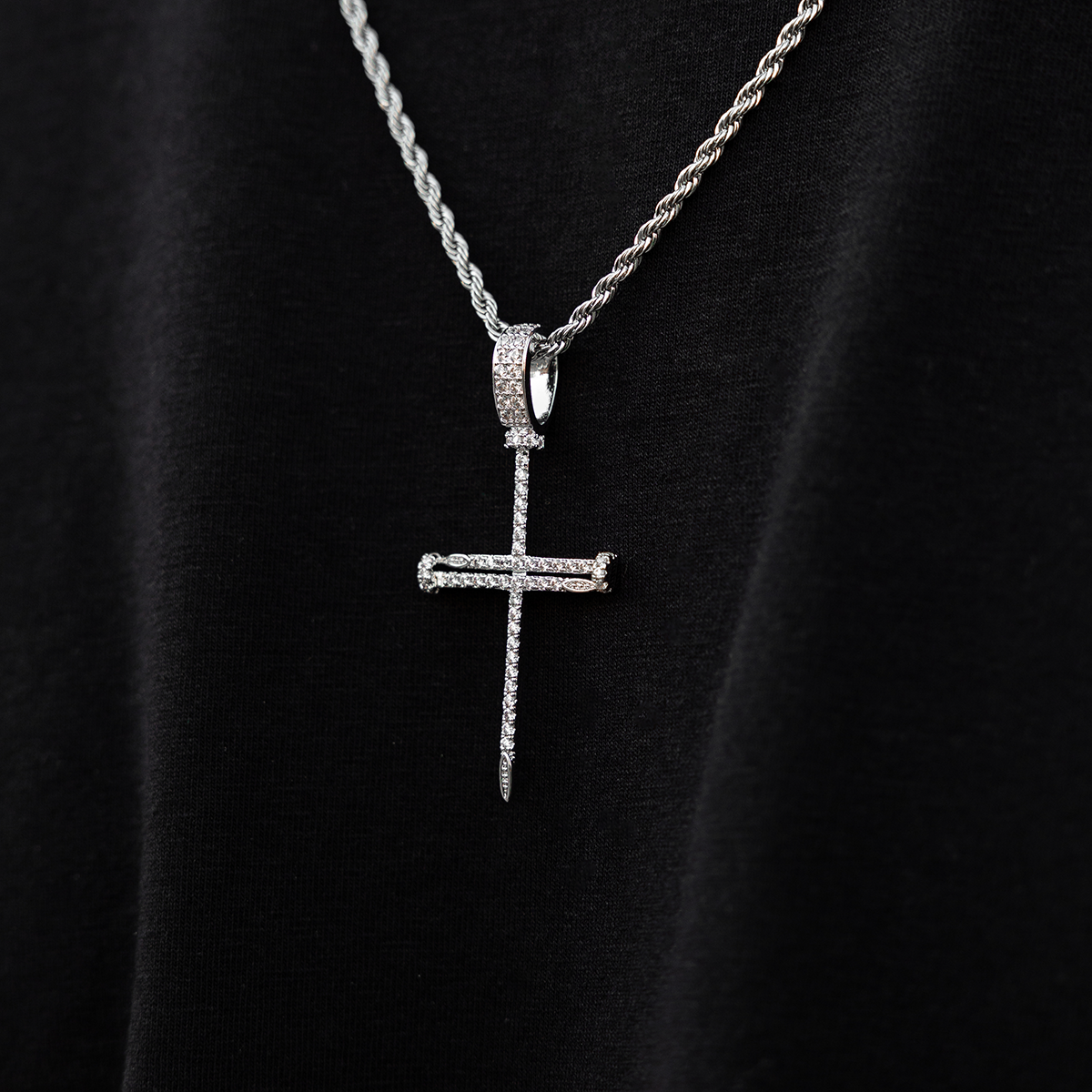 Iced Nail Cross Pendant in White Gold