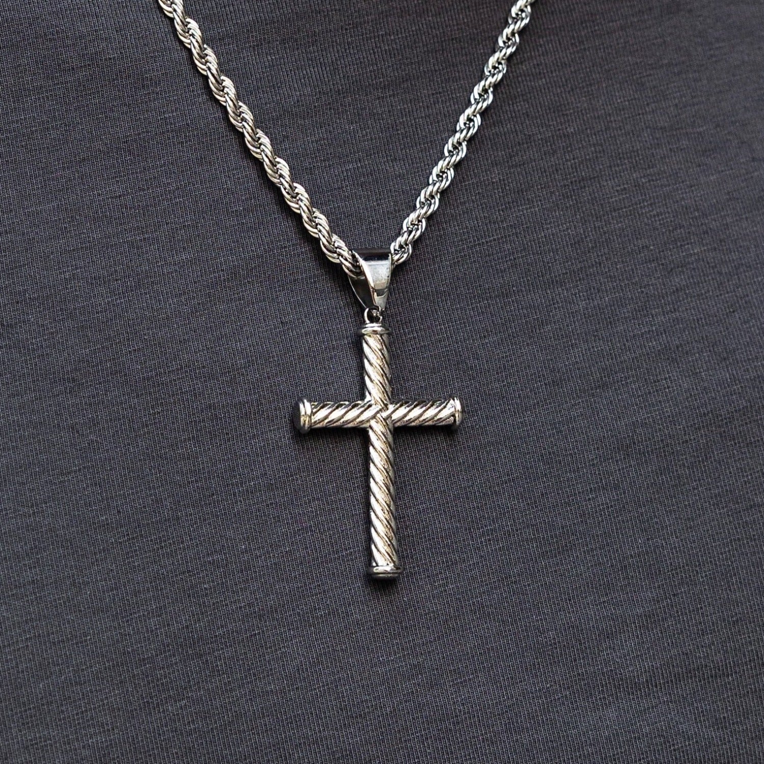 Twisted Rope Cross Pendant in White Gold