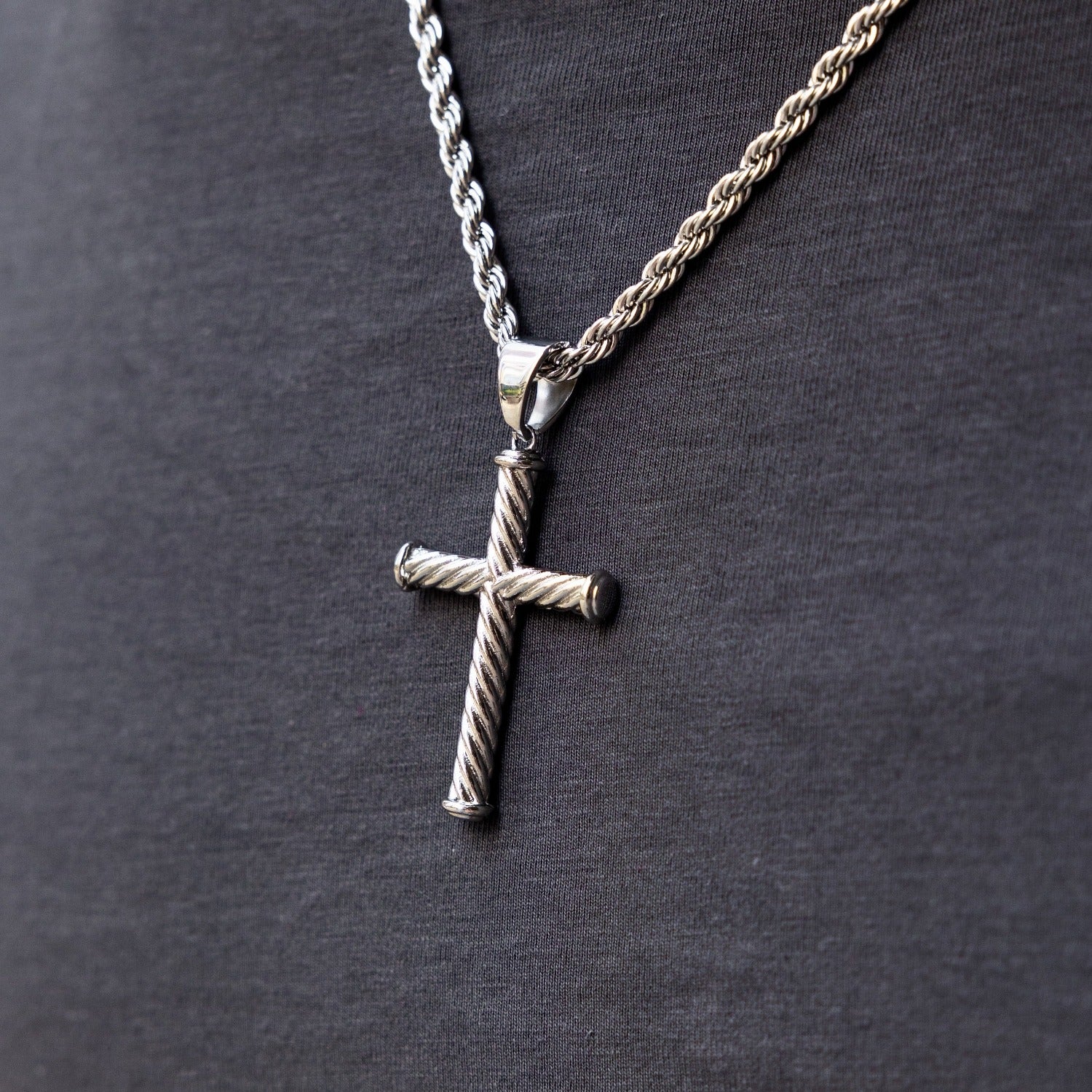 Twisted Rope Cross Pendant in White Gold