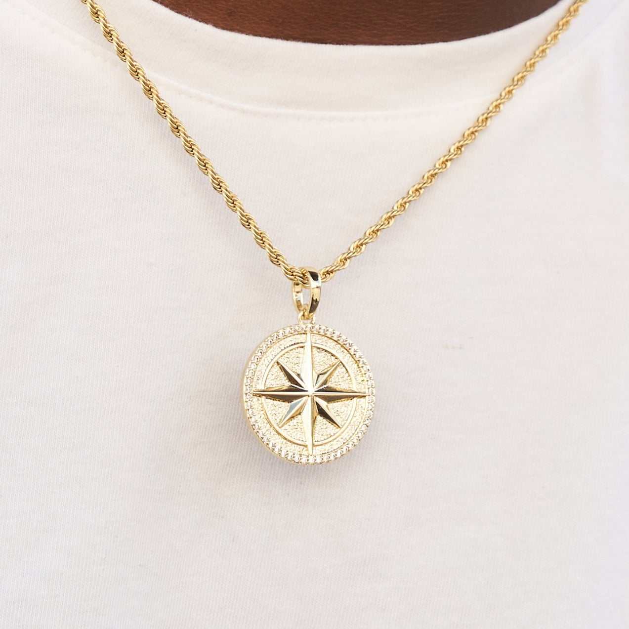 Compass Coin Pendant in Yellow Gold