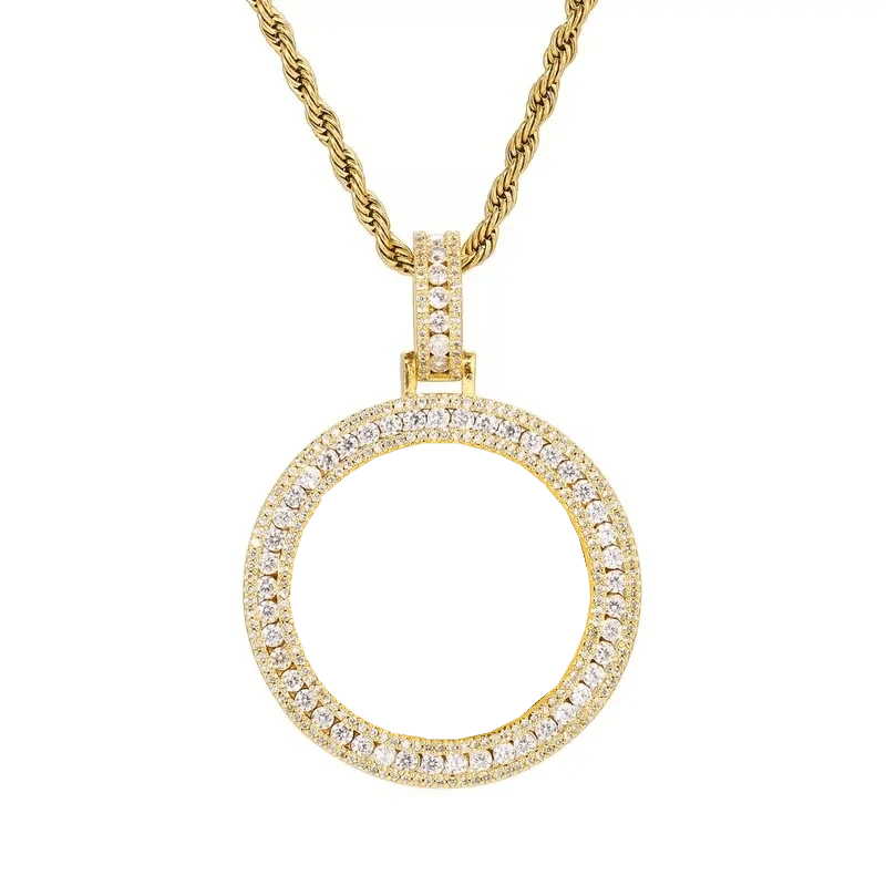 18k Gold Double Row Micro-Inlaid 3D Custom Photo Round Pendant - 40mm