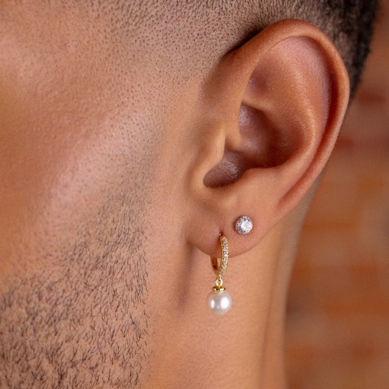 Pave Huggie Pearl Drop Earrings in Yellow Gold