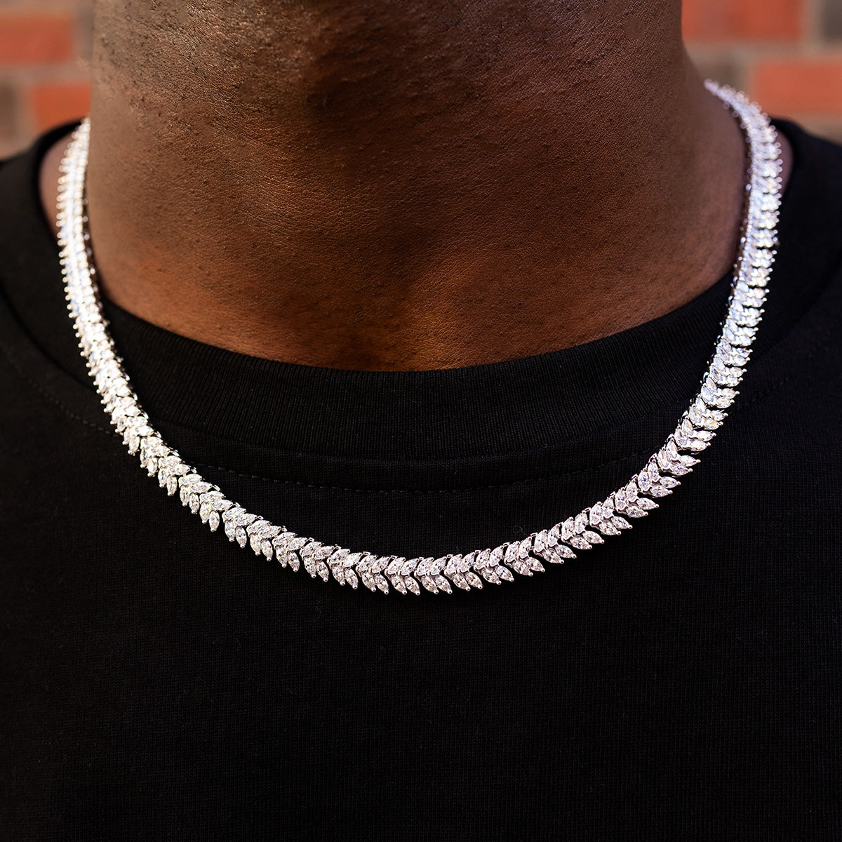 Iced Herringbone Chain in White Gold- 7mm