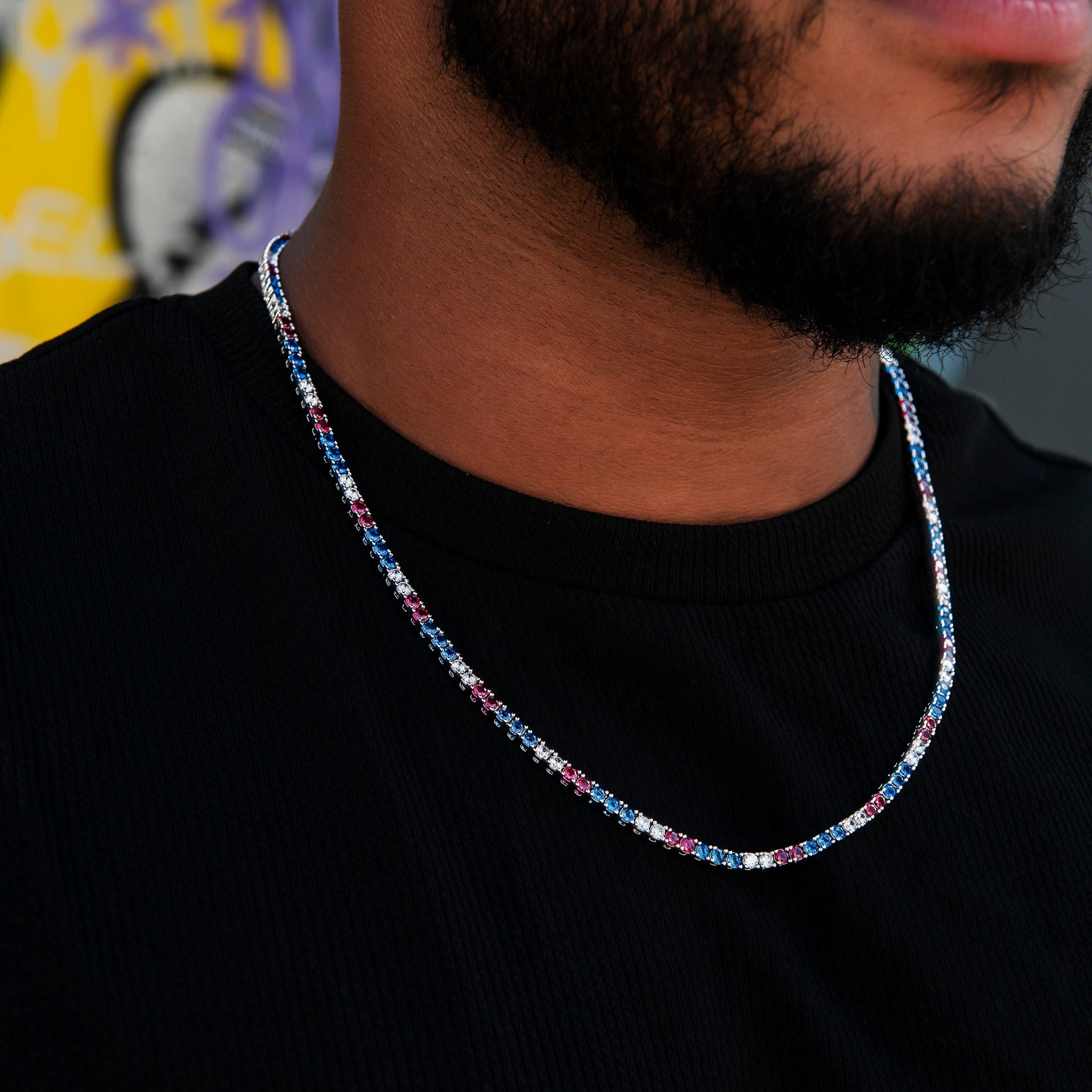 3MM Diamond Tennis Chain - Royal Blue Red White