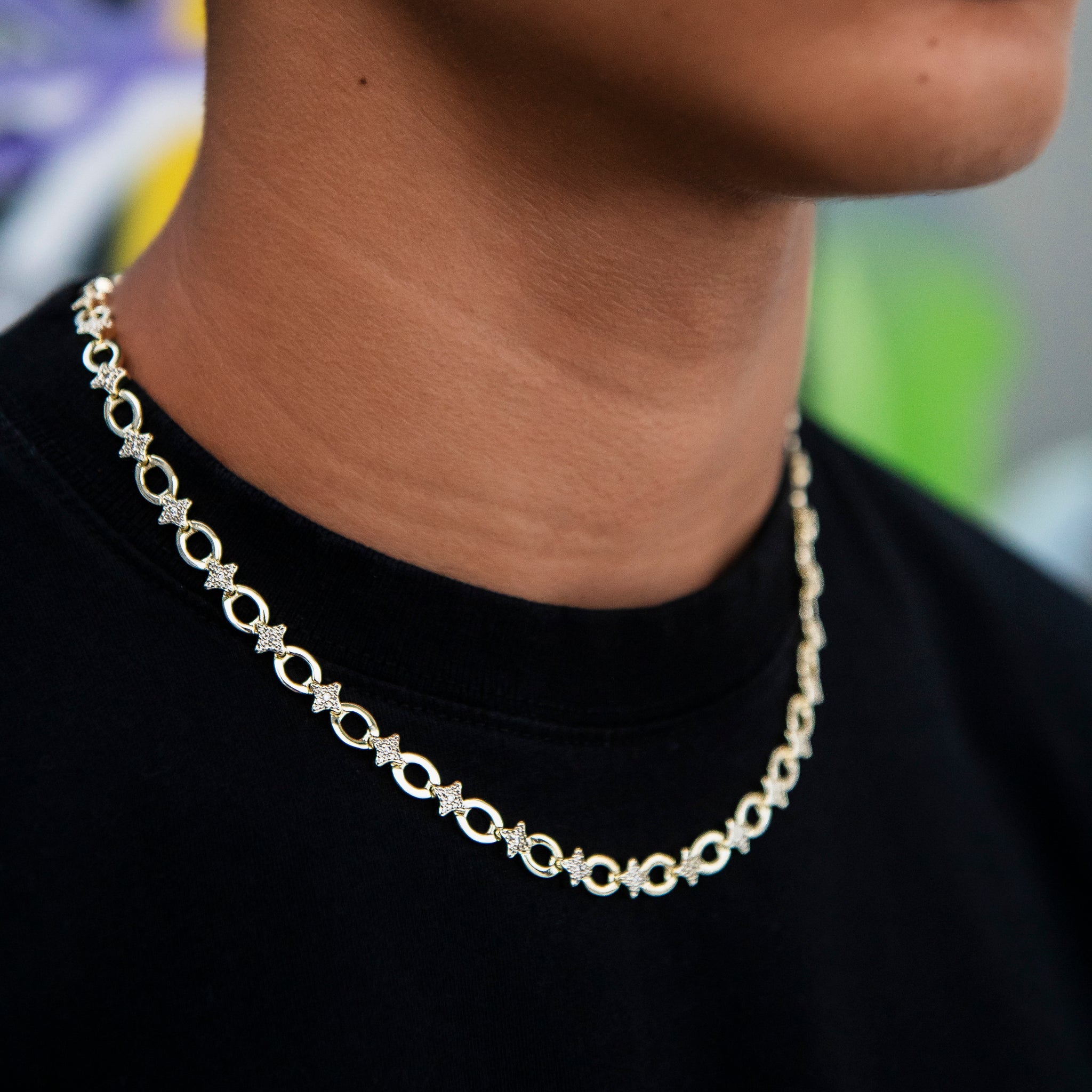 Iced Star Cable Link Chain - Yellow Gold